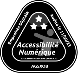 Exemple de badge accessibilité numérique. Sont indiqués : la date de l'audit, la mention "accessibilité numérique - totalement conforme | RGAA 4.1.2", trois étoiles, un code à usage unique 