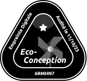 Exemple de badge éco-conception. Sont indiqués : la date de l'audit, la mention "éco-conception", une étoile, un code à usage unique 