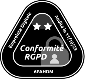 Exemple de badge RGPD. Sont indiqués : la date de l'audit, la mention "conformité RGPD", deux étoiles, un code à usage unique 