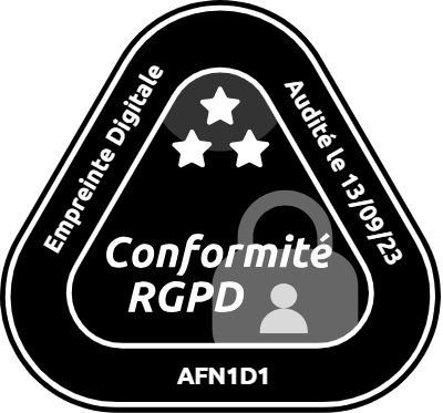 Badge Conformité RGPD - 3 étoiles - Audité le 13/09/23 - Empreinte Digitale - Code AFN1D1
